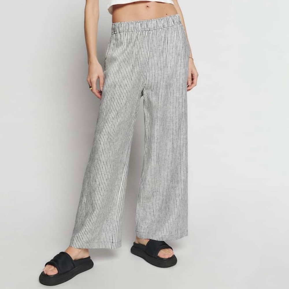 Reformation Ava PETITE 100% Linen Pants in Vineyard Blue & White Stripes sz MP